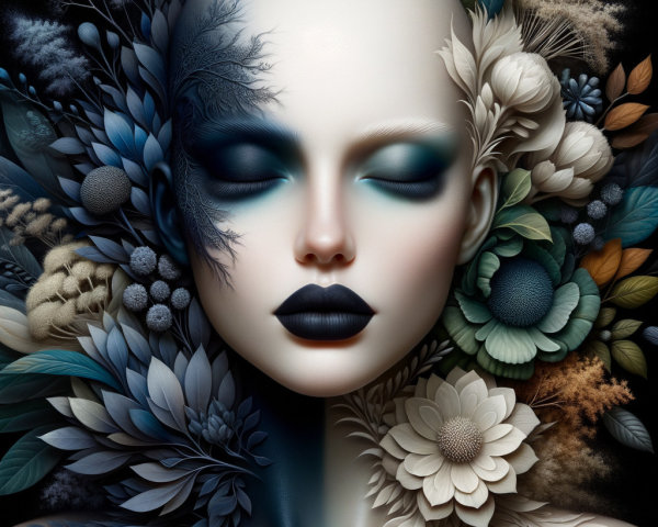 Surreal Portrait of Bald Figure with Floral Motifs