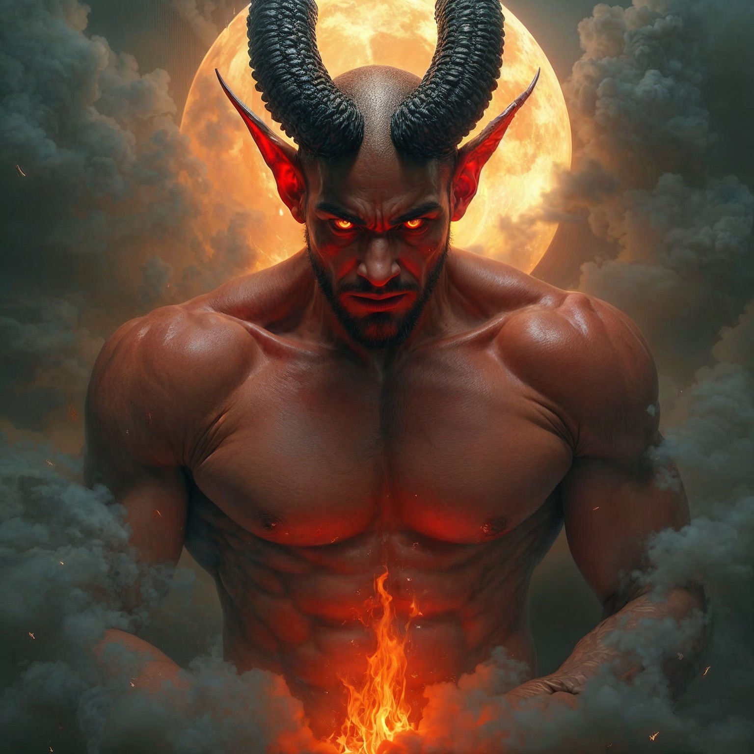 Muscular Red Figure with Horns in Fiery Atmosphere