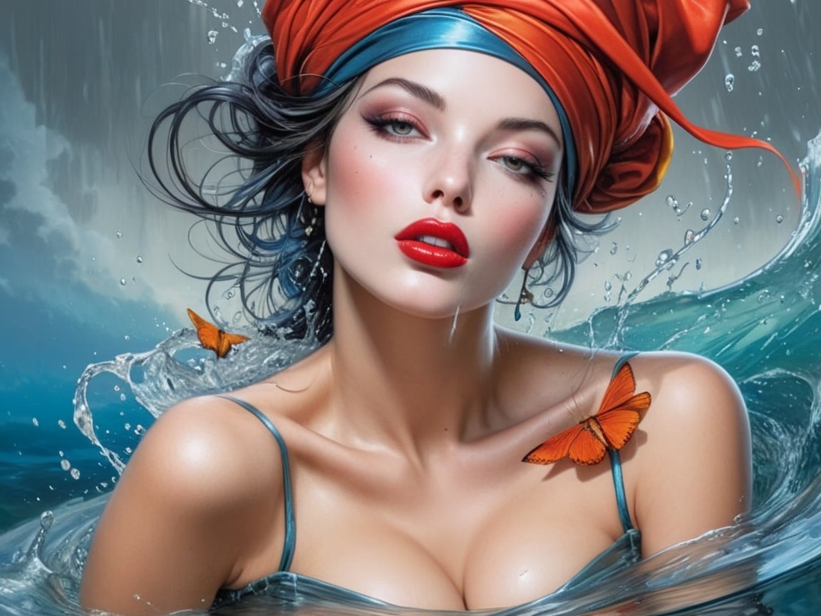 Woman in Ocean Waves with Orange Headwrap and Butterflies