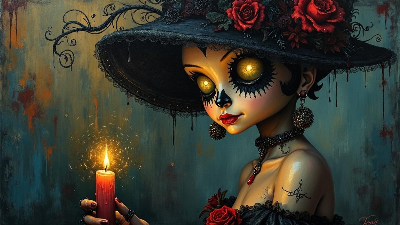 Ghostly Figure with Sugar Skull Makeup and Candle