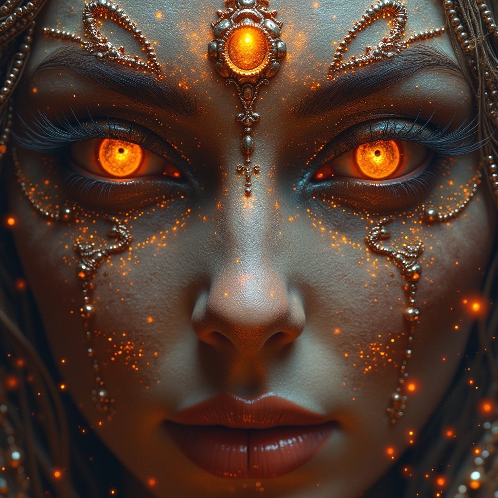 Close-up of a woman's face with golden embellishments