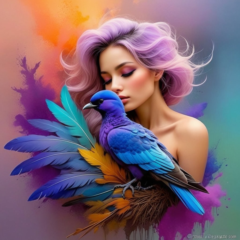 Serene woman with pastel hair and vibrant blue bird