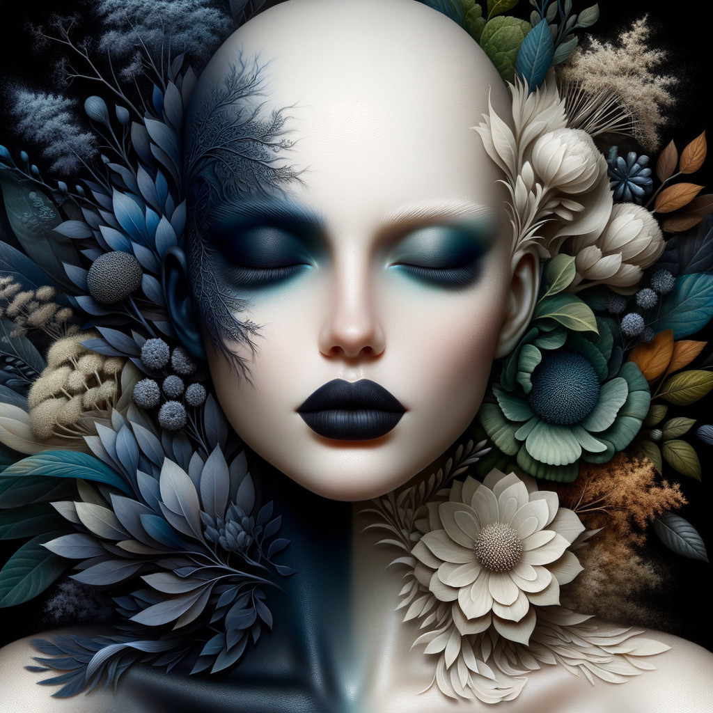 Surreal Portrait of Bald Figure with Floral Motifs
