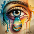 Hyper-realistic eye with blue iris and teardrop landscape