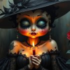 Whimsical Figure with Candle and Red Roses