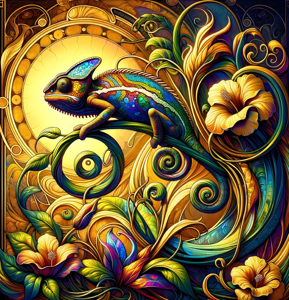 Chameleon on Vine in Colorful Floral Backdrop