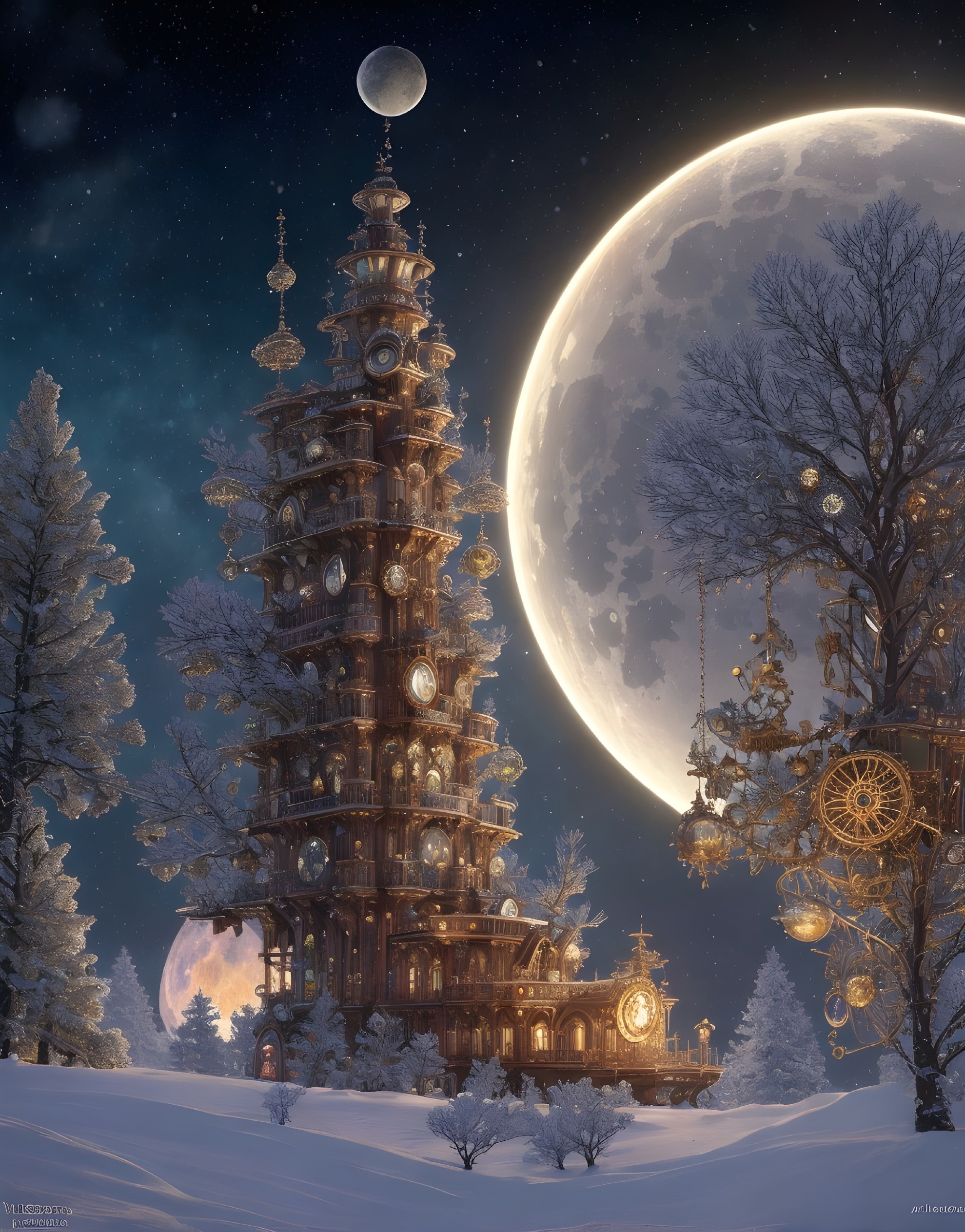 Towering wooden structure with glowing windows in snowy landscape