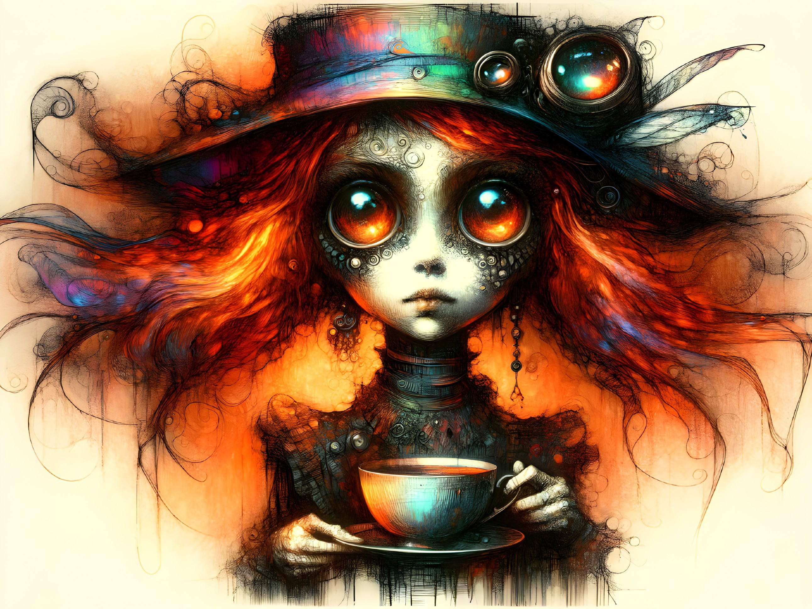 Surreal Illustration of a Girl with Teacup and Hat