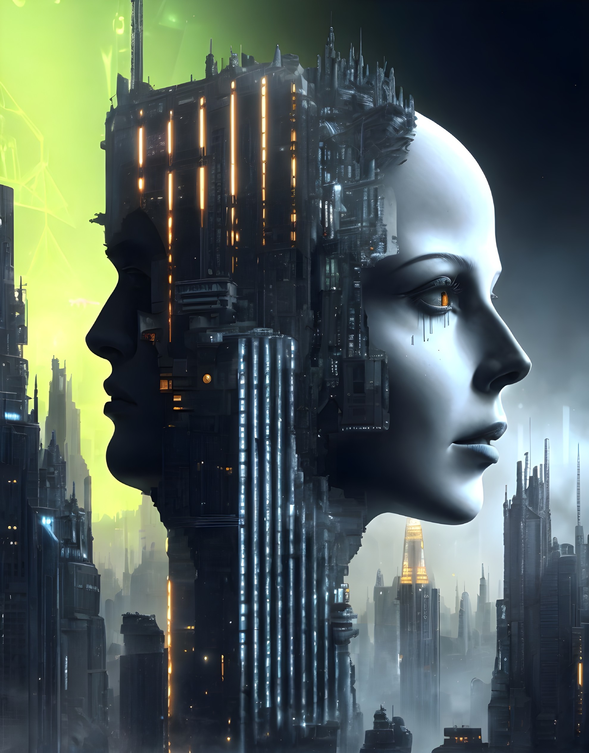 Futuristic cityscape with two robotic faces and glowing orange eyes