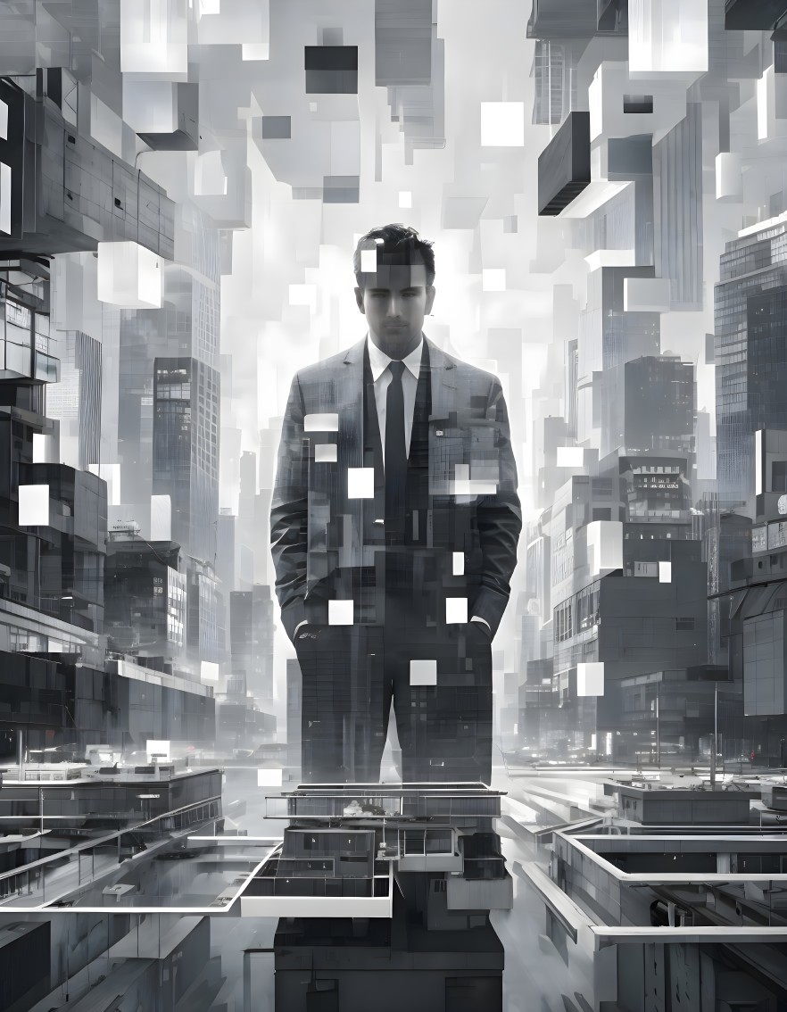 Surreal Cityscape with Lone Figure in Suit