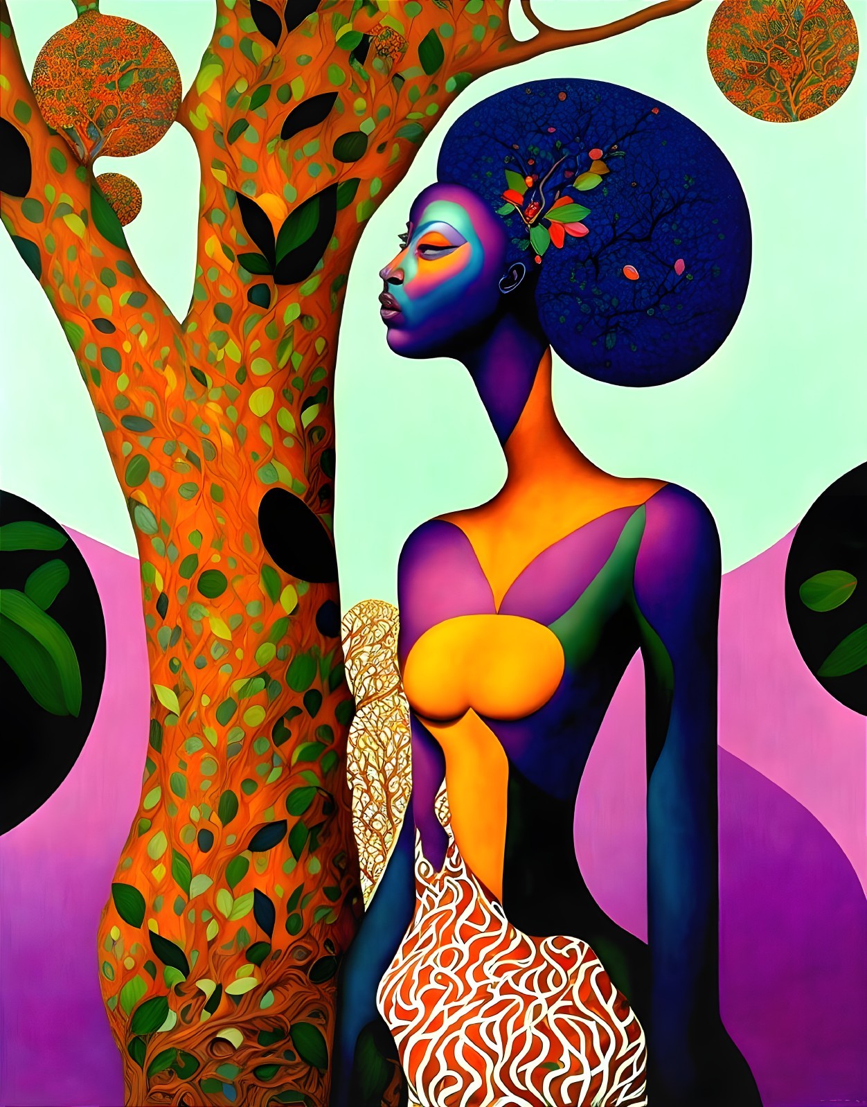 Vibrant Illustration of Blue-Skinned Woman and Tree