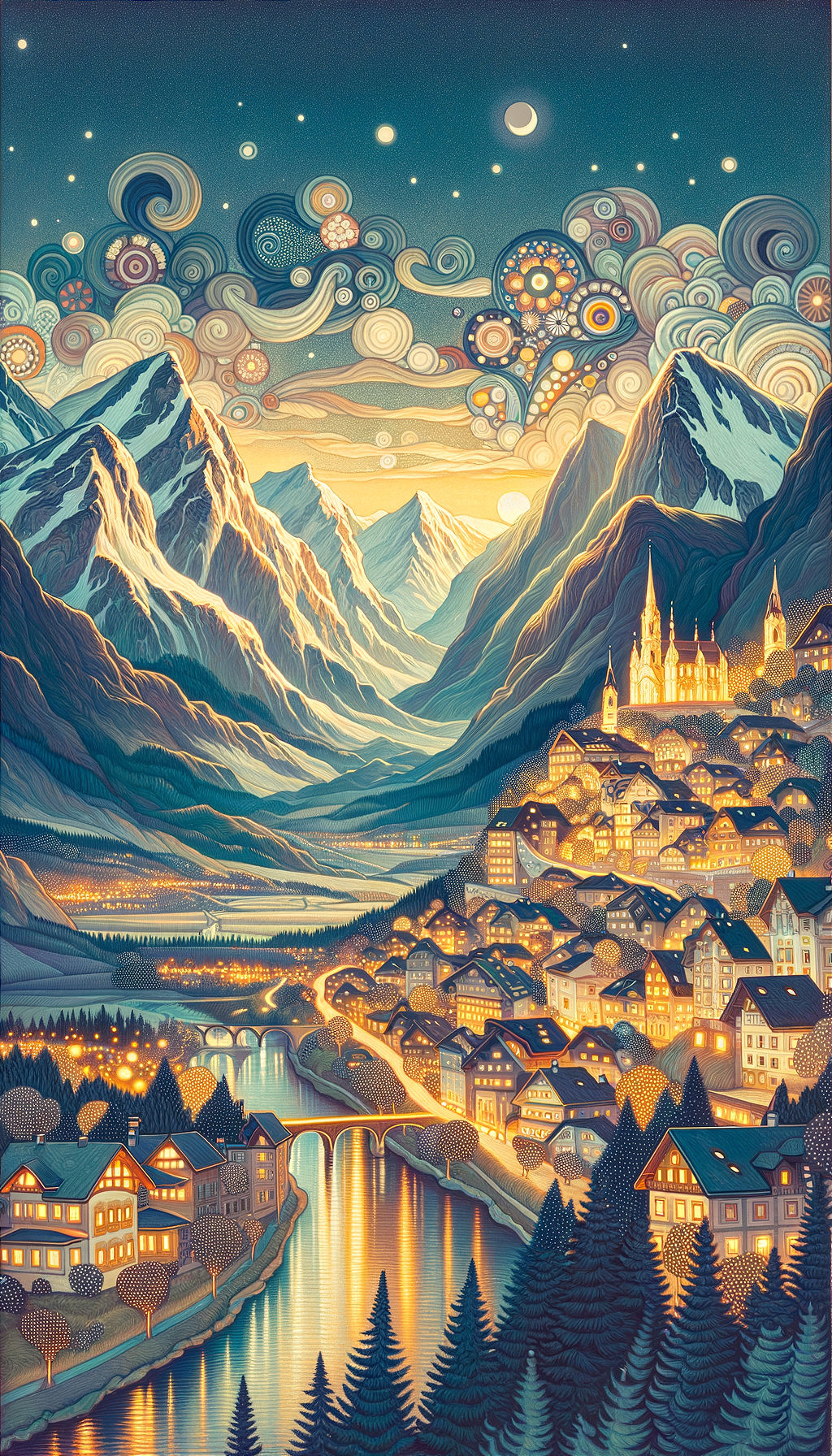 Majestic Mountain Landscape with Starry Sky and Village