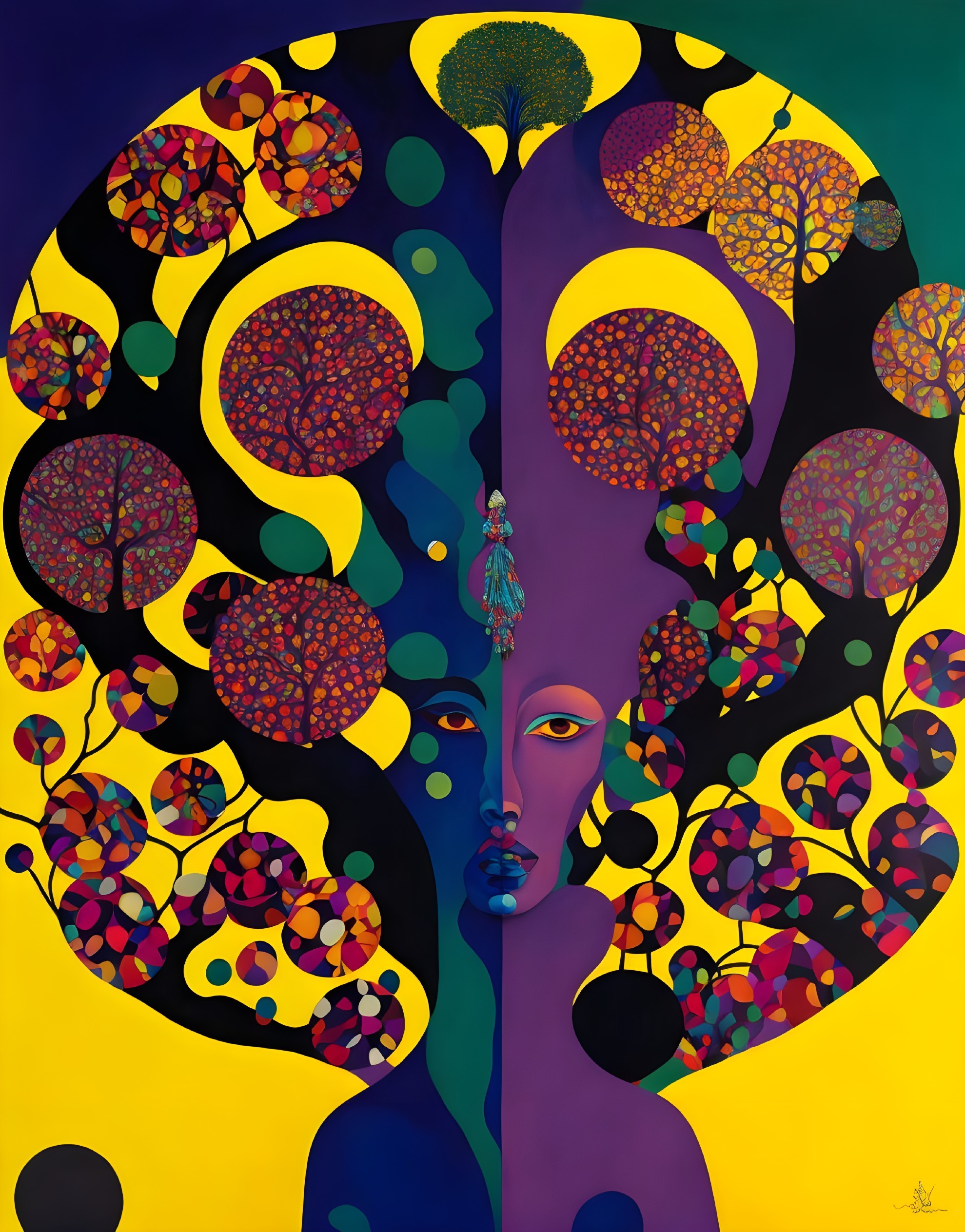 Colorful artwork: stylized face with tree hair on dual background