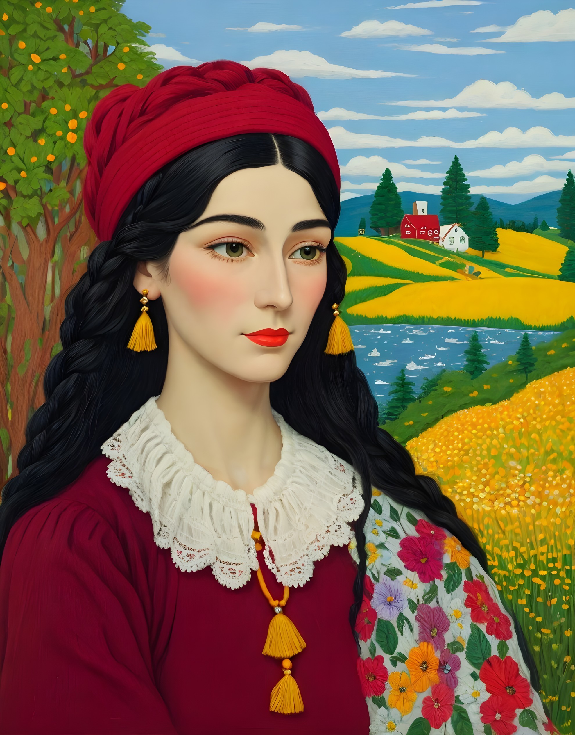 Young Woman in Red Dress Amidst Scenic Landscape