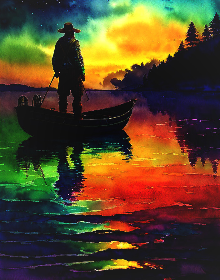 Silhouetted Figure Fishing at Colorful Sunset Lake