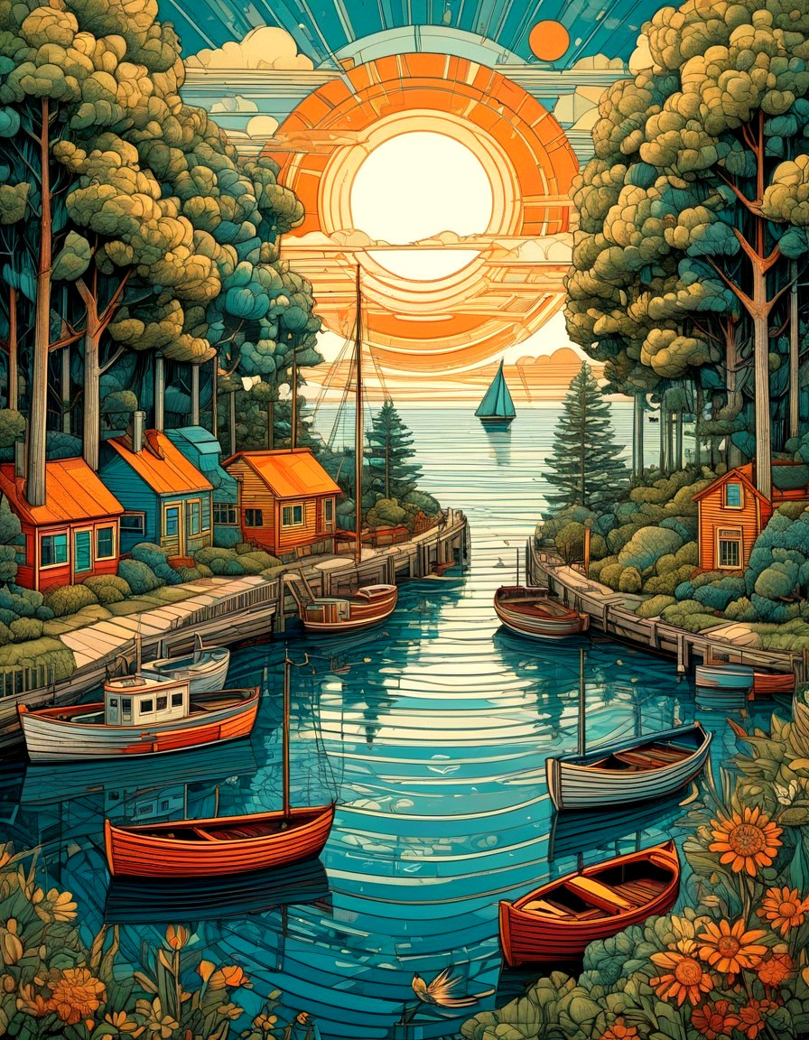 Vibrant harbor scene with sunset and colorful houses