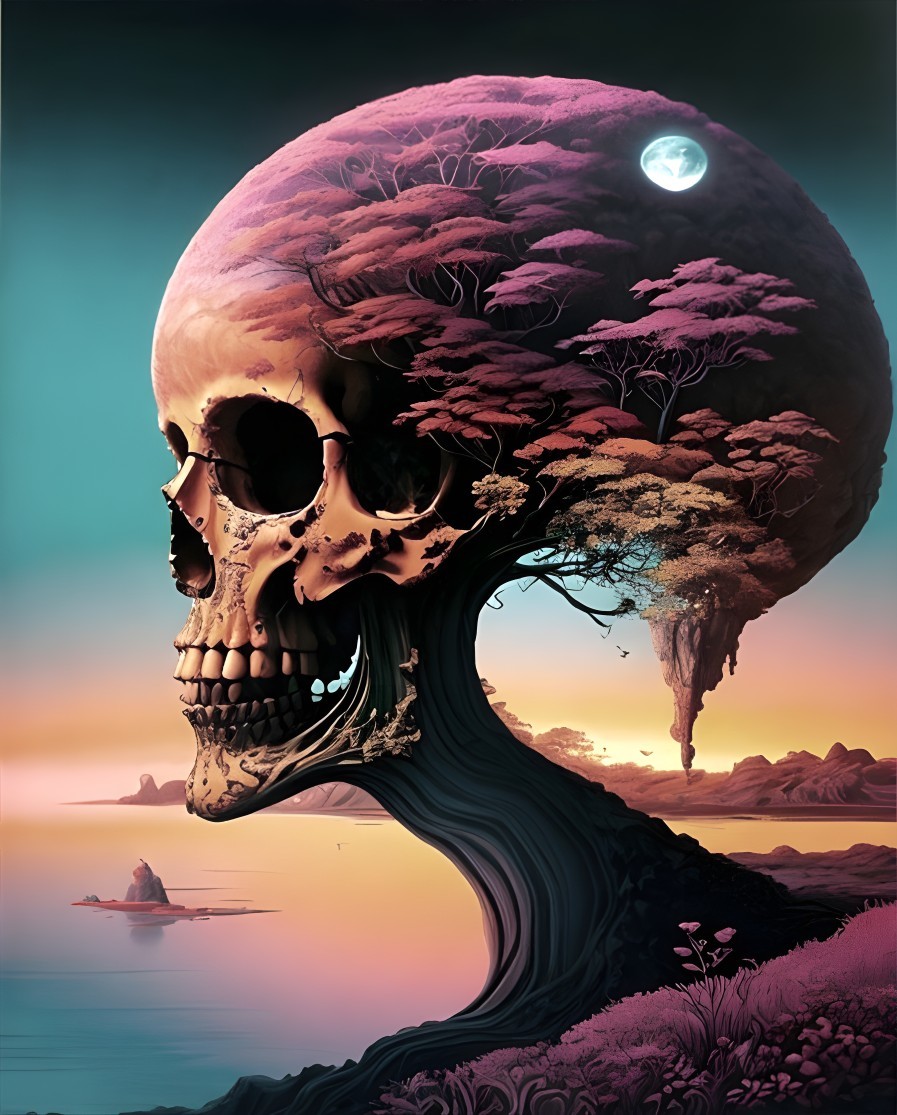 Skull with tree landscape and moon in surreal artwork