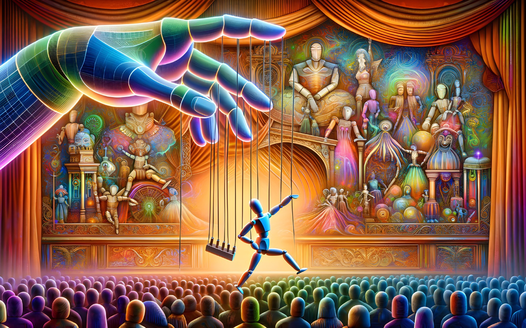 Colorful Robotic Hand Controls Marionette on Stage
