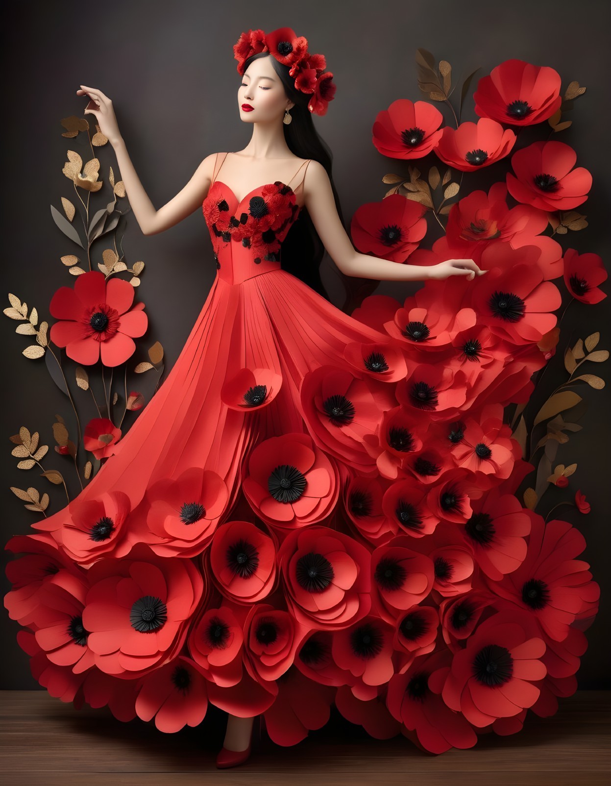 Red Gown with Oversized Paper Poppies and Floral Crown