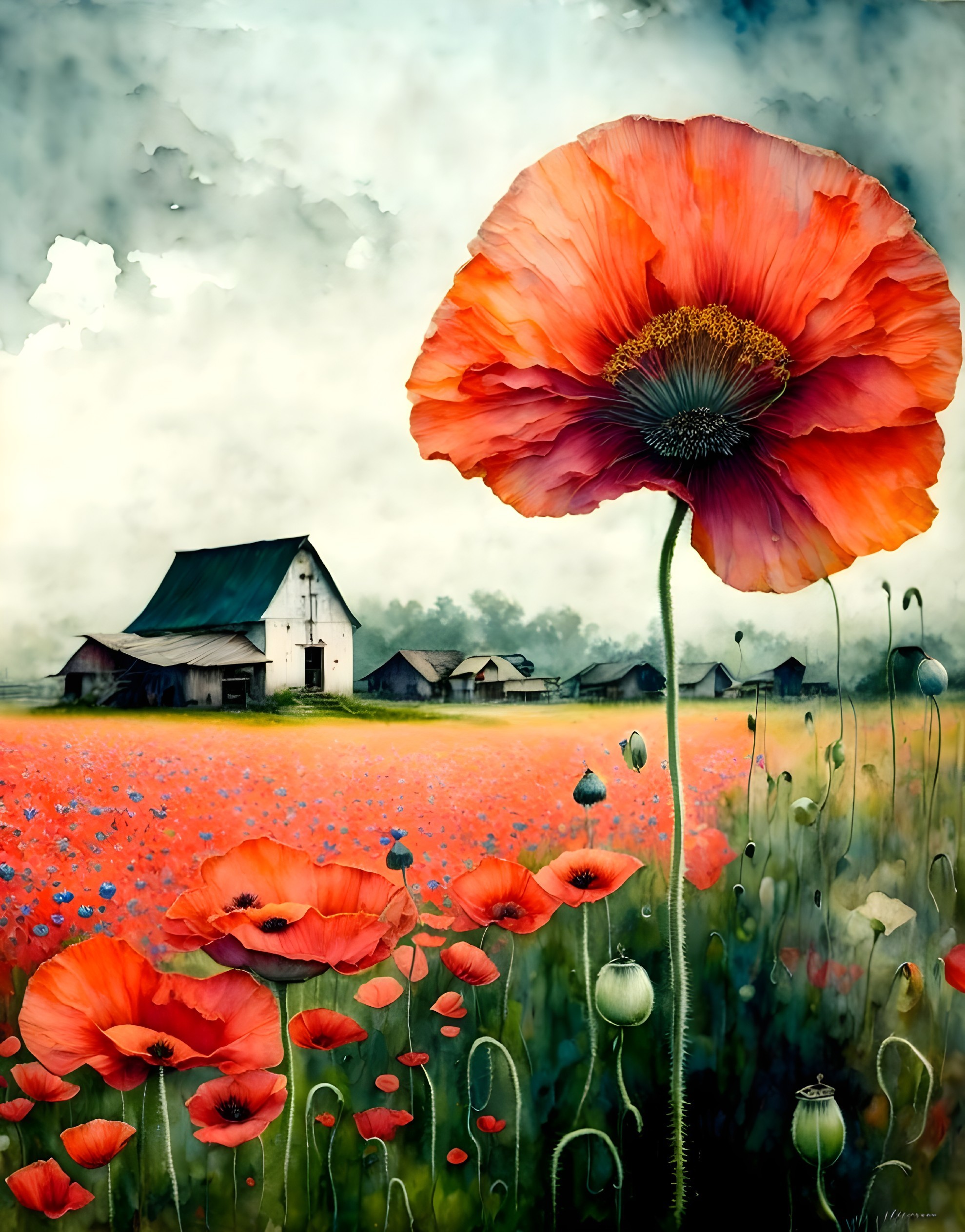 Vibrant Poppy Field with Rustic Barn and Green Grasses