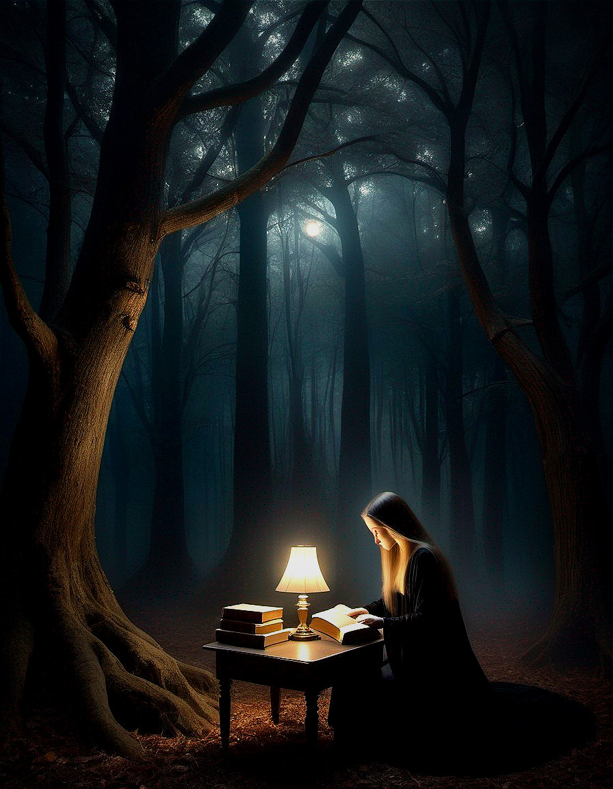 Mystical Forest Scene with Cloaked Figure and Books