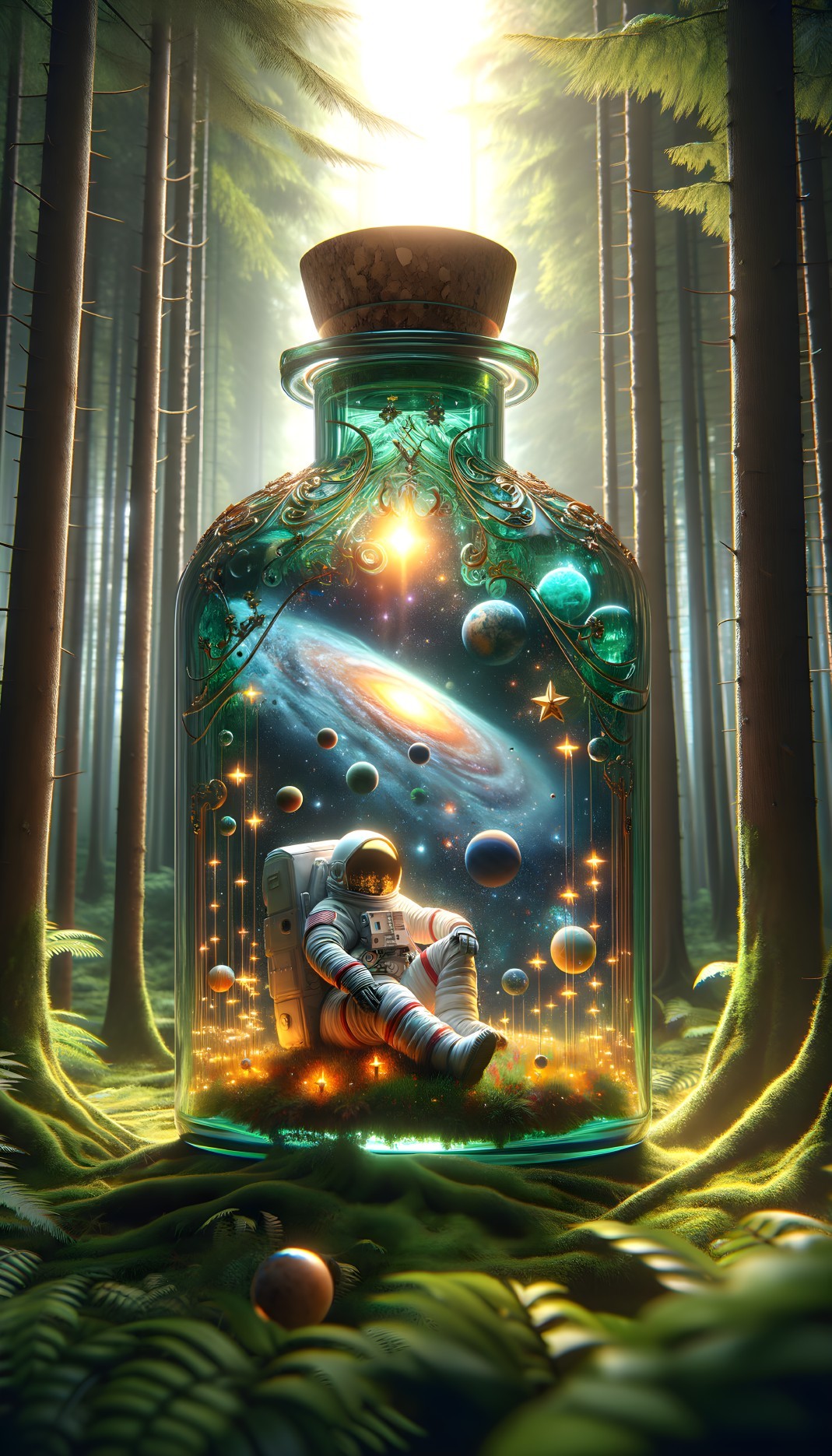 Glass Bottle Containing Astronaut in Cosmic Scene