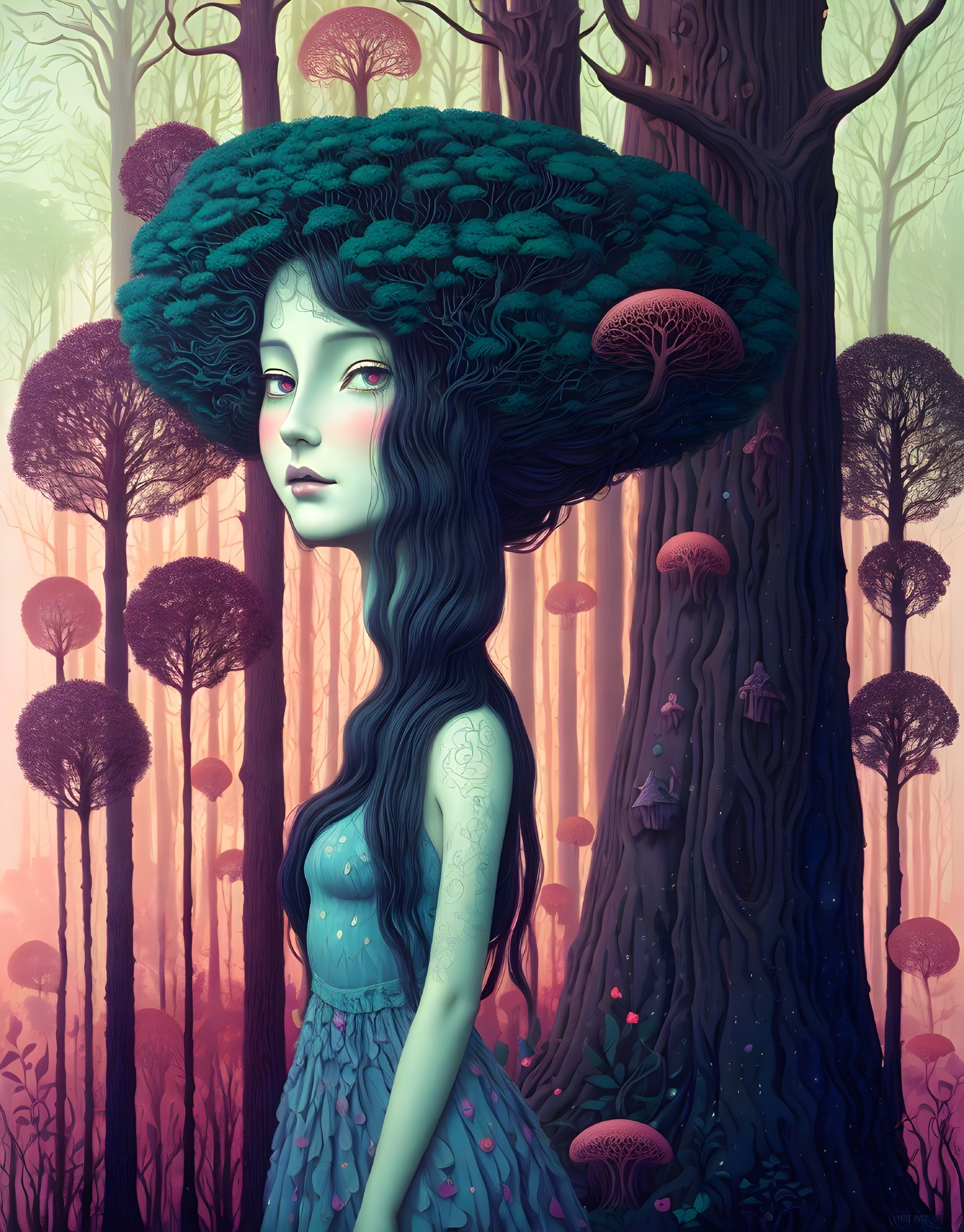 Whimsical Figure in a Surreal Forest Landscape