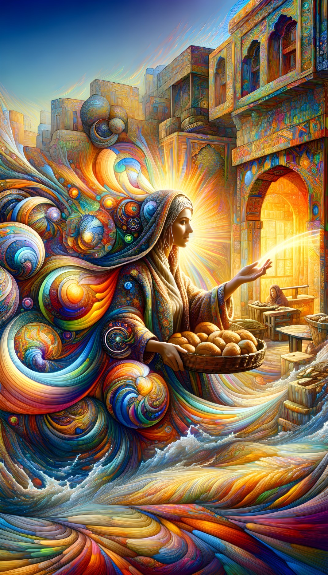 Surreal Scene of Woman with Bread in Colorful Setting