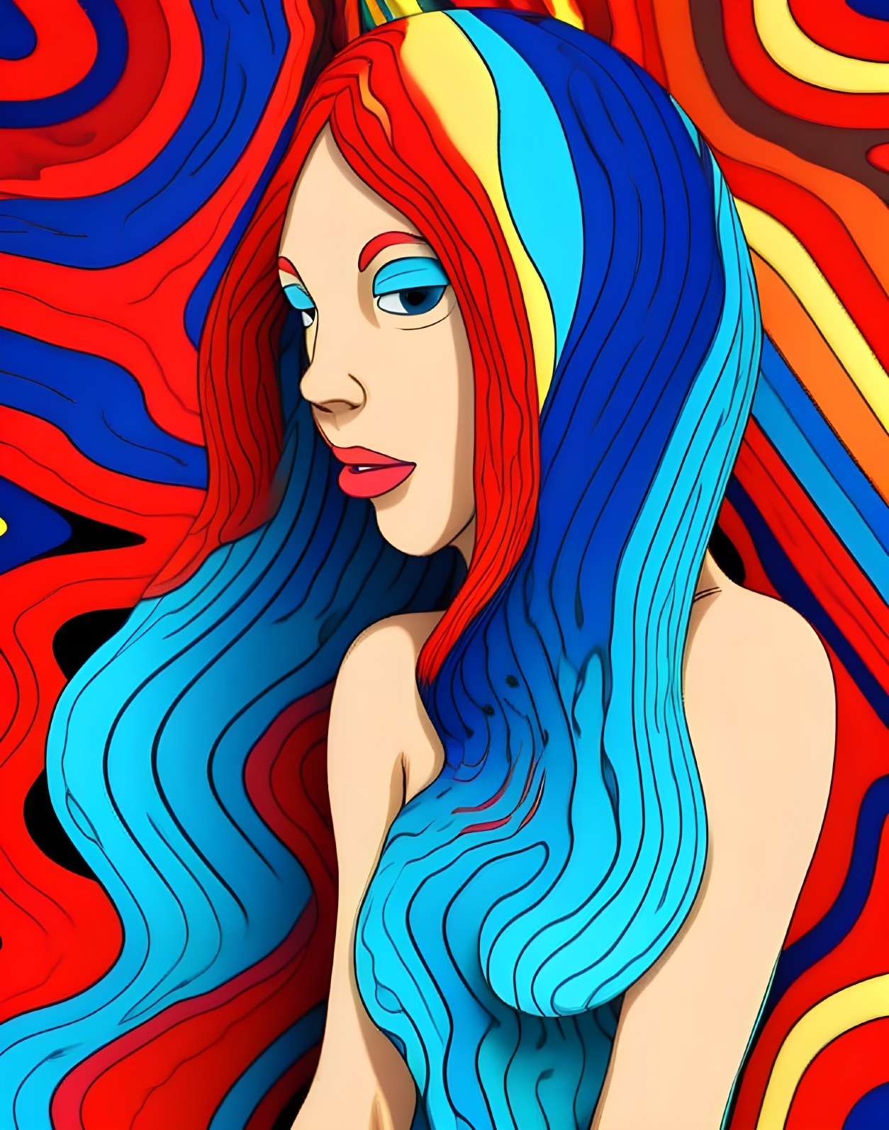 Colorful Stylized Woman with Flowing Hair and Serene Expression
