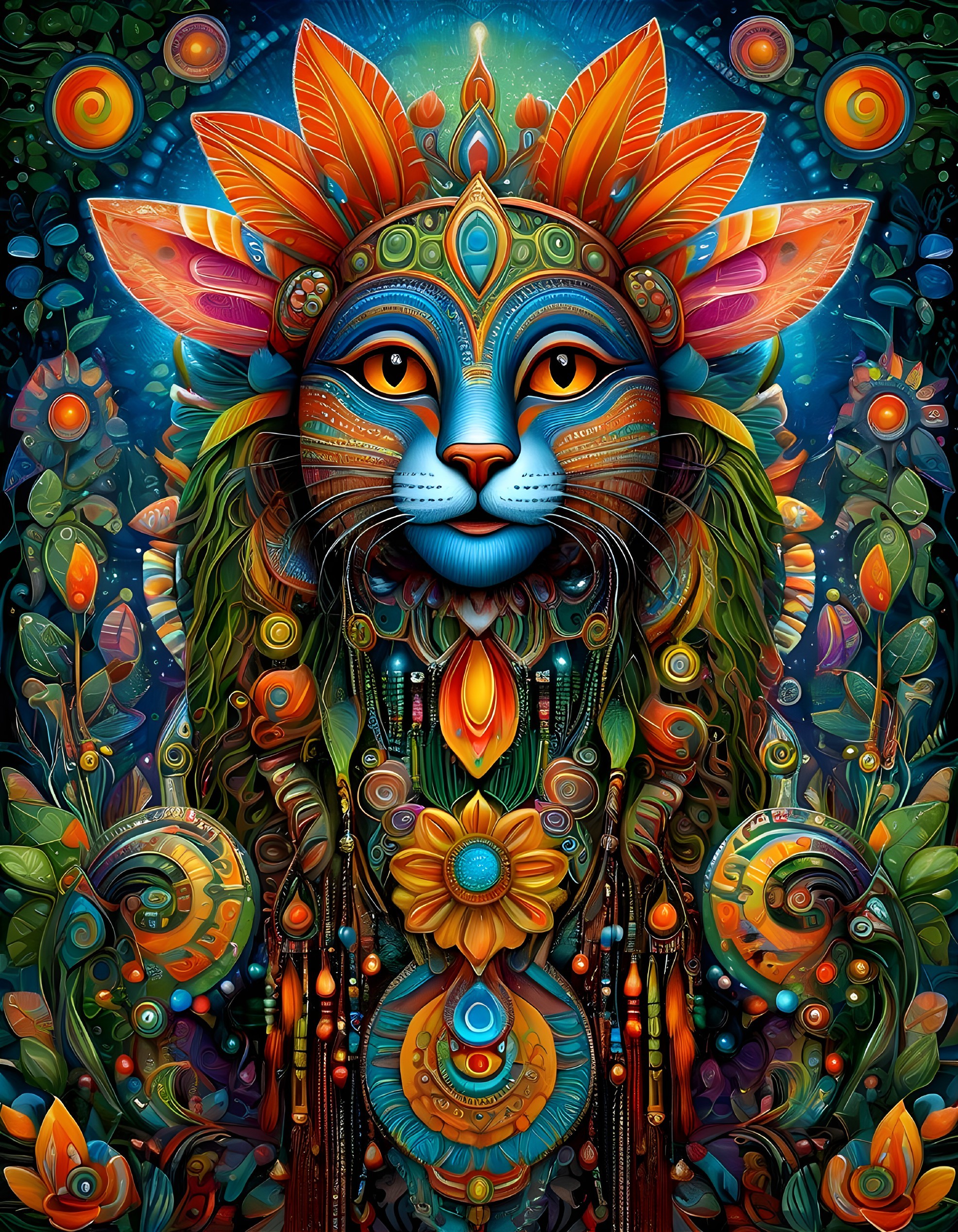 Vibrant Lion Face Illustration with Feathers and Patterns
