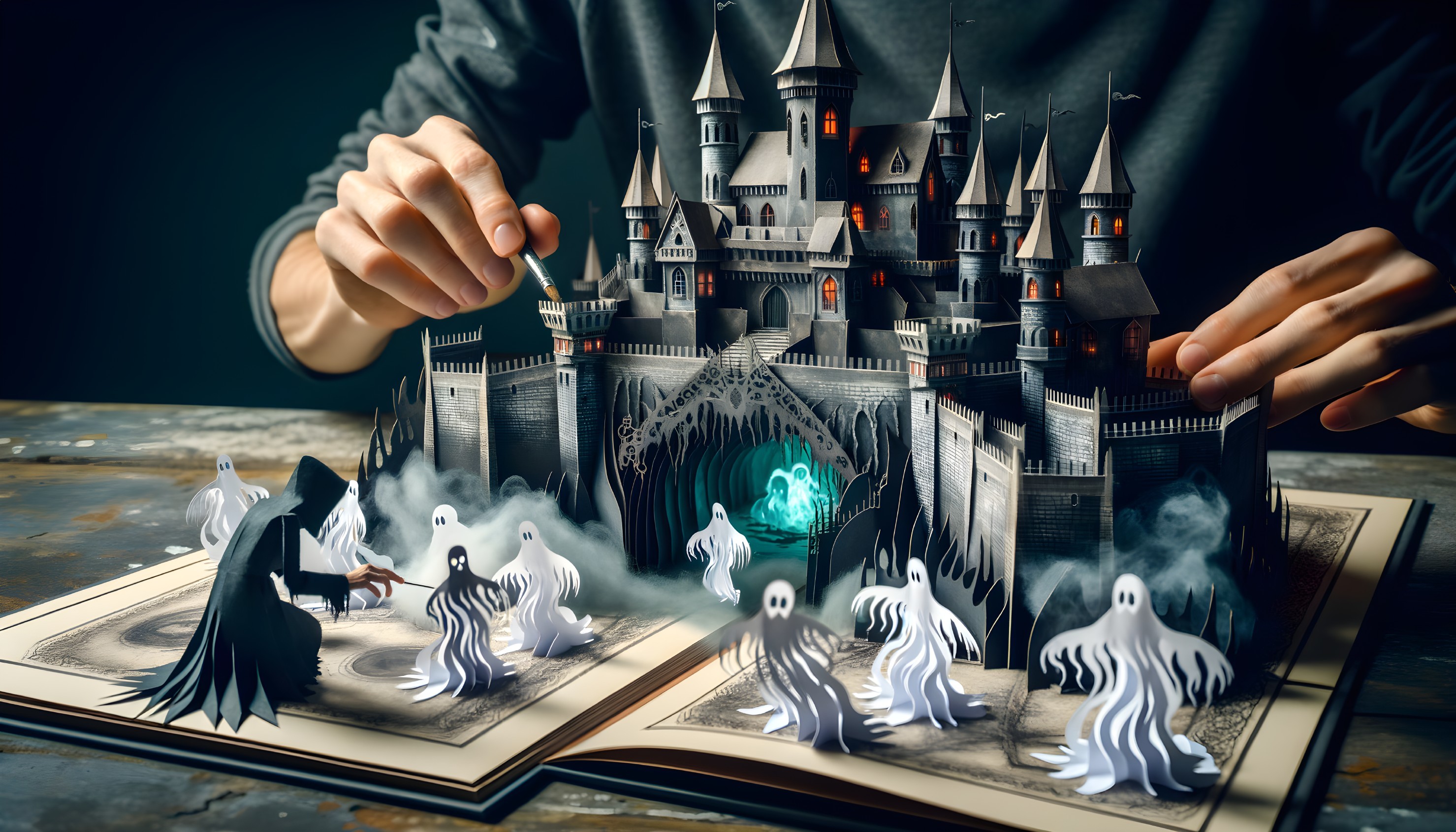Pop-up Book of a Dark Castle with Ghostly Figures