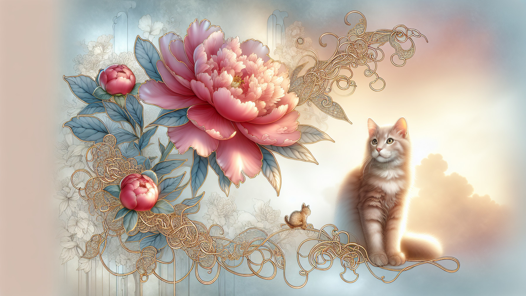 Fluffy Orange Cat Next to Blooming Peony in Pastels
