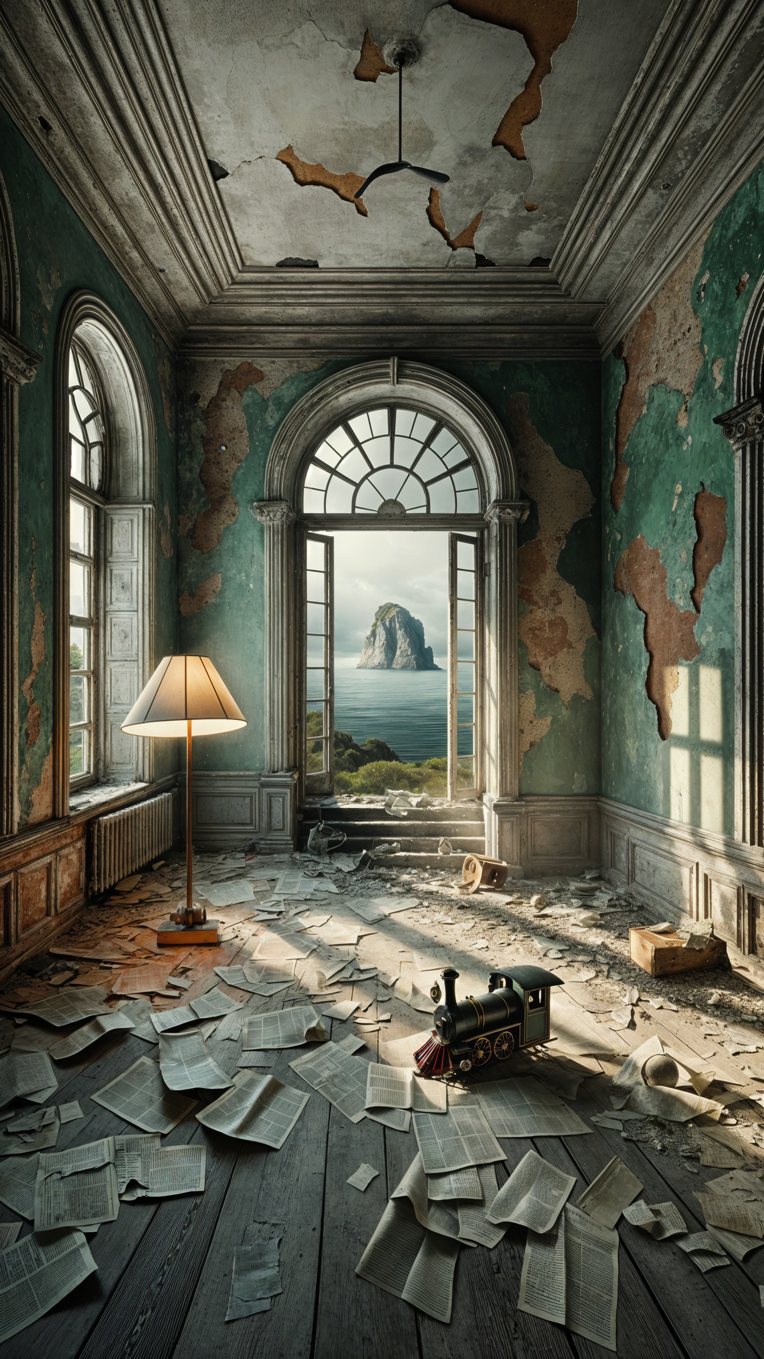 Dilapidated Room with Peeling Green Walls and Seascape