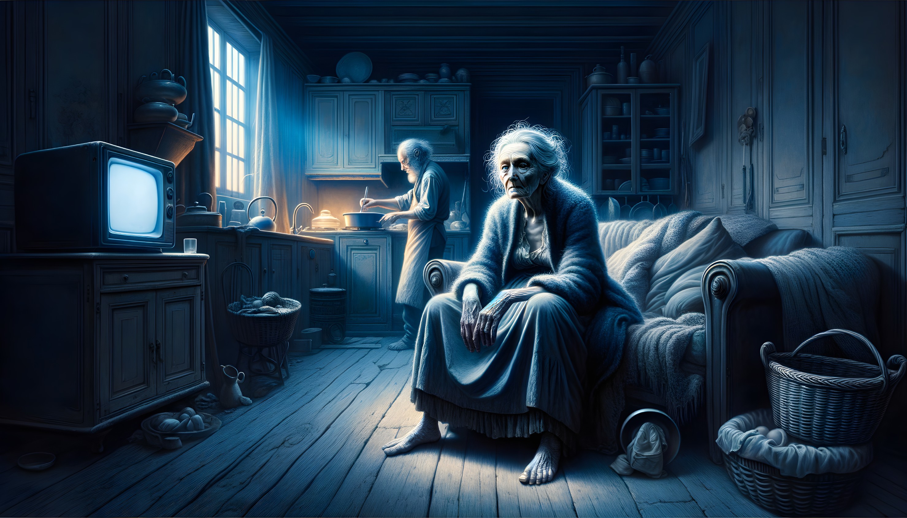 Elderly Woman in Rustic Room with Vintage Kitchen Setting