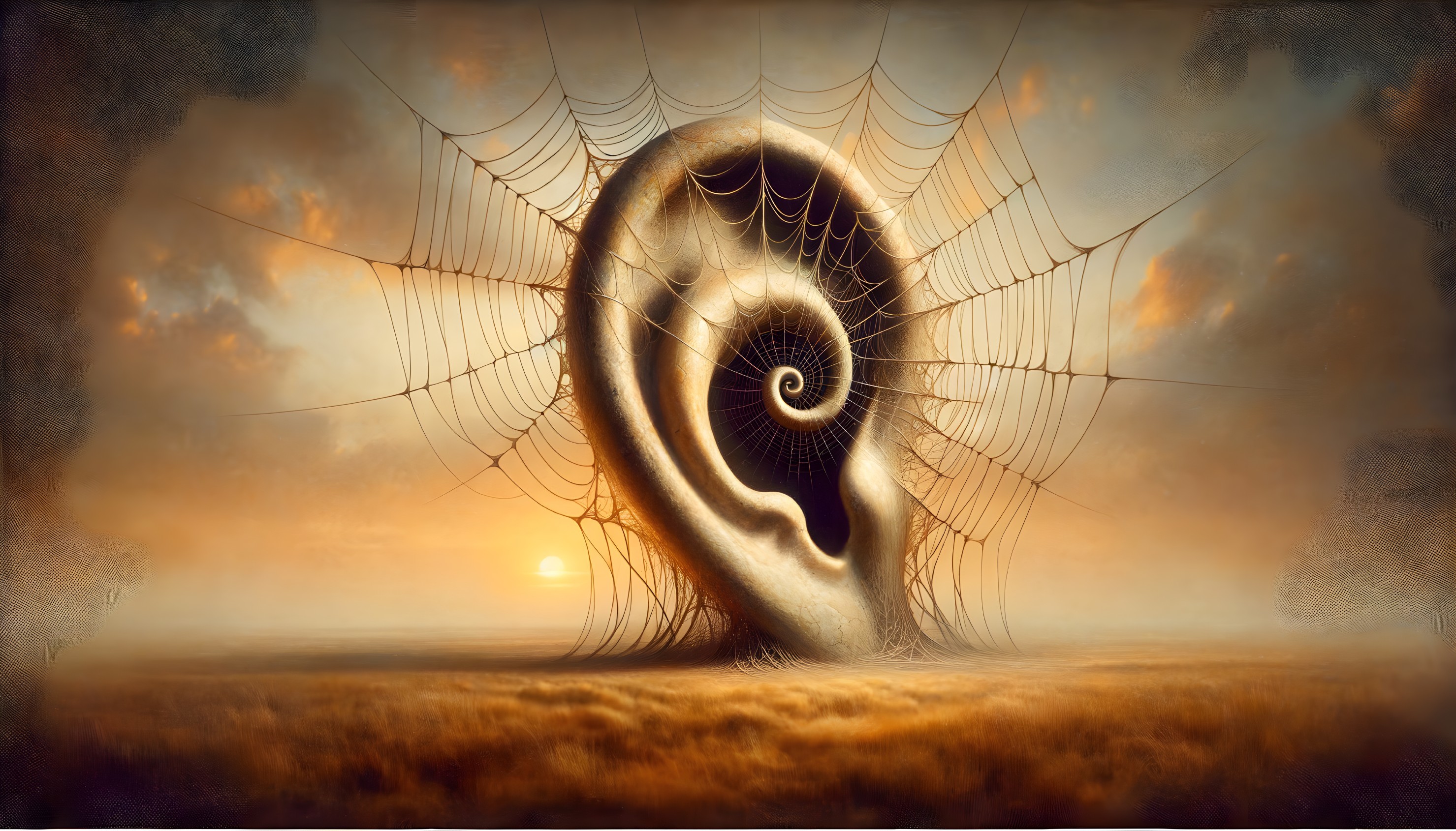 Surreal Landscape with Ear-Shaped Structure and Sunset