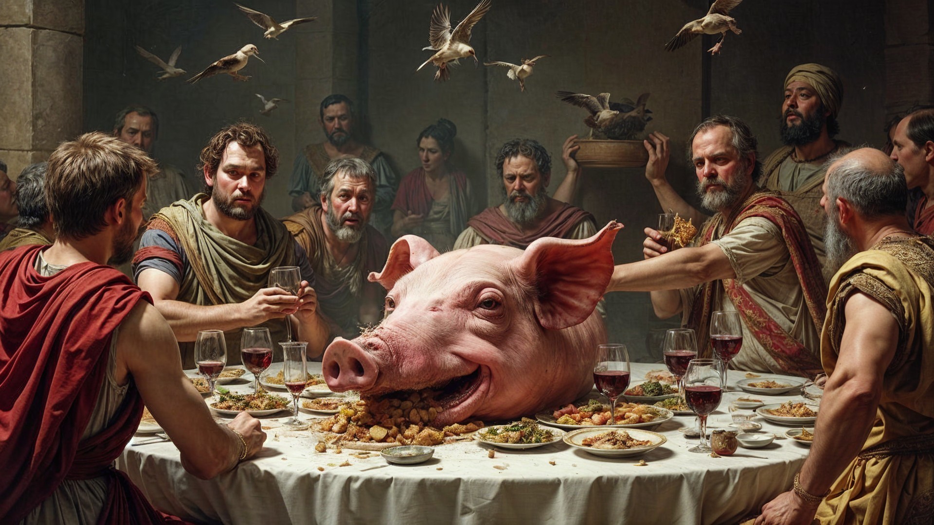 Ancient Roman Figures Gather in Lavish Banquet Hall