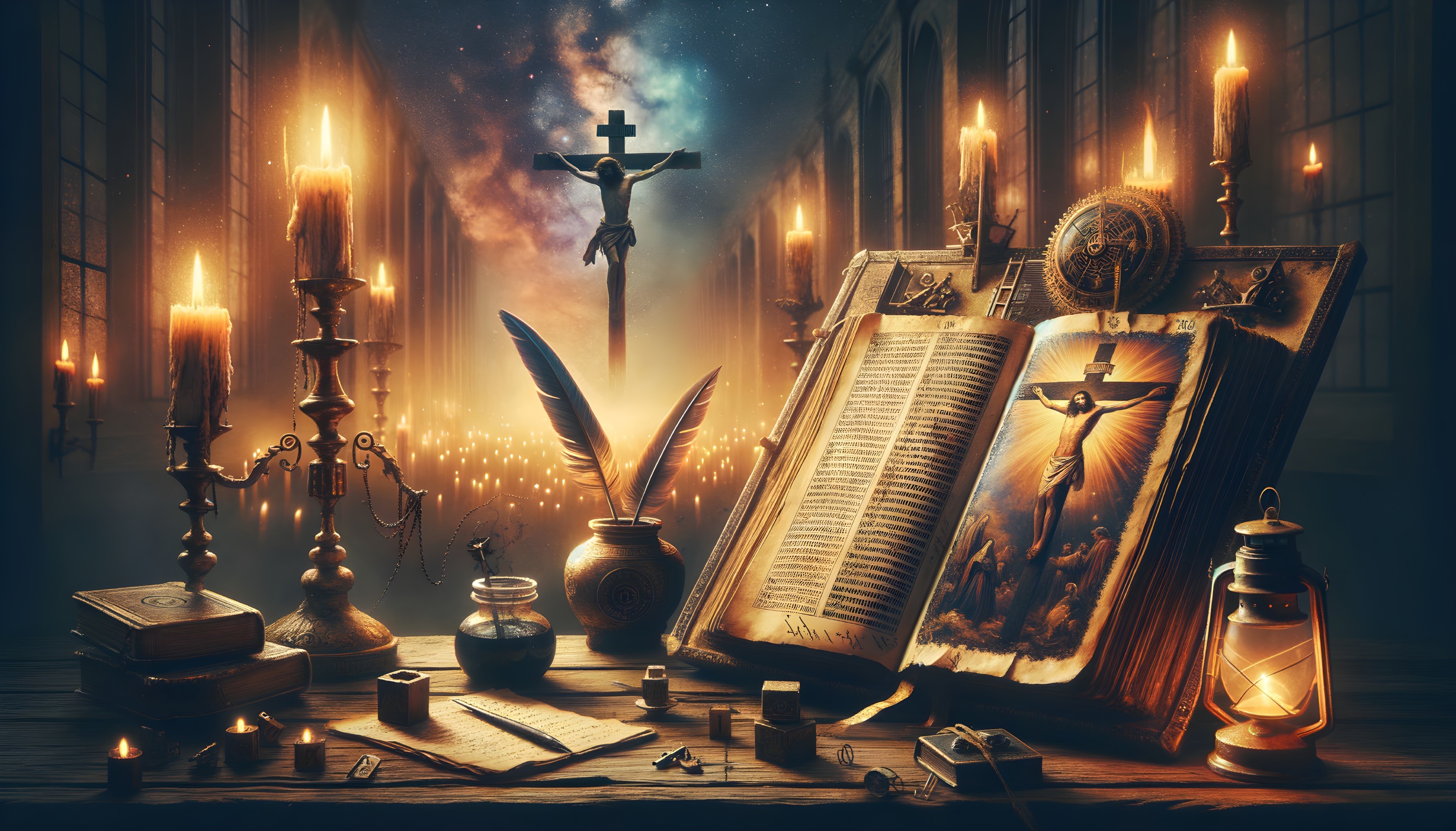 Mystical Scene with Candles, Book, and Cosmic Background