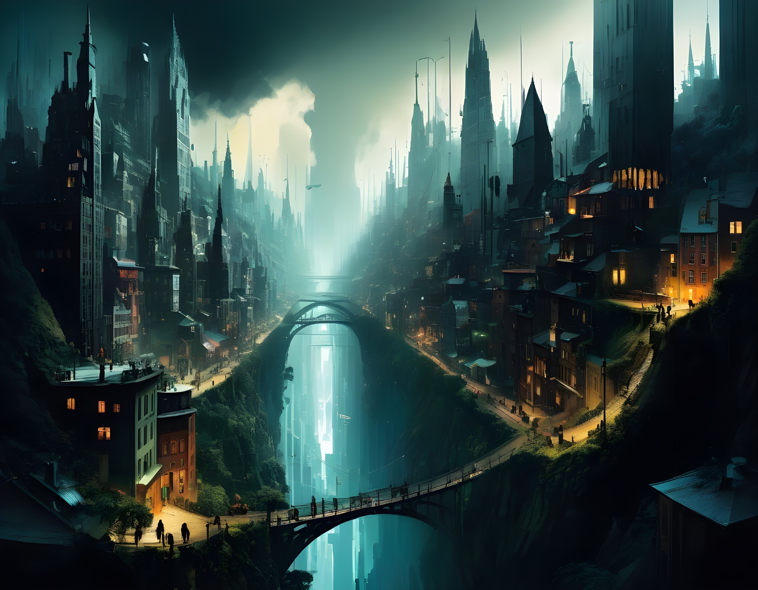 Futuristic cityscape with towering spires and shadows