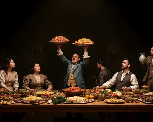 Grand Feast with Pasta and Elegant Dining Atmosphere
