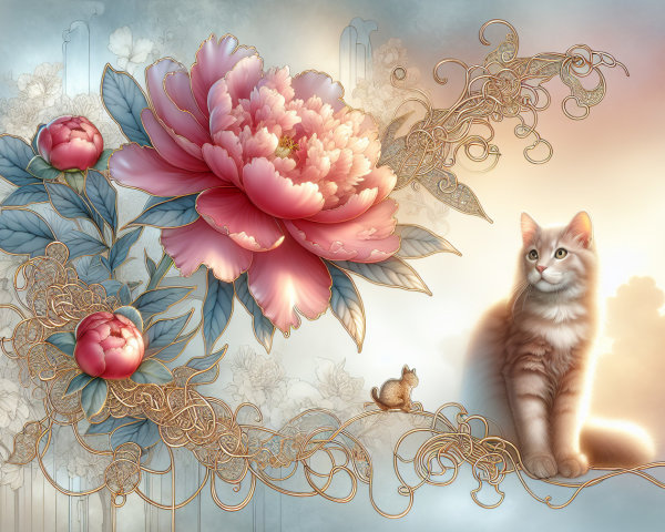 Fluffy Orange Cat Next to Blooming Peony in Pastels