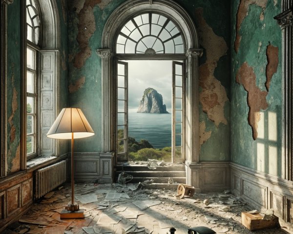 Dilapidated Room with Peeling Green Walls and Seascape