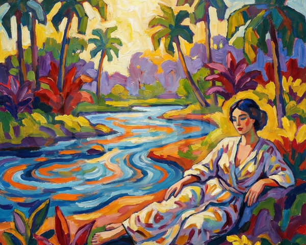 Fauvist Painting of Woman by Lush Riverbank
