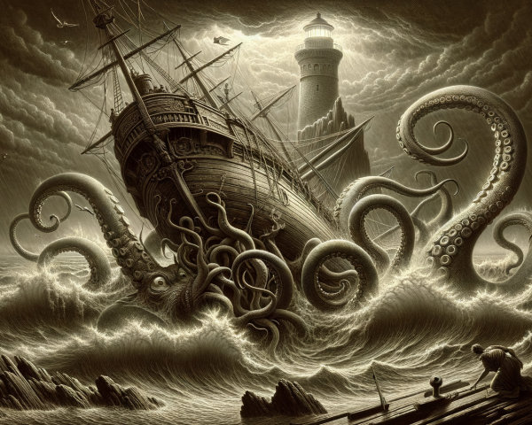 Old ship in stormy seas with octopus tentacles