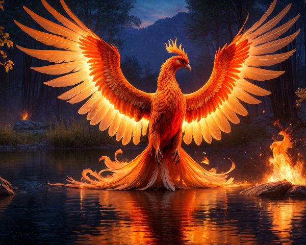 Phoenix Rising from Serene Lake at Twilight