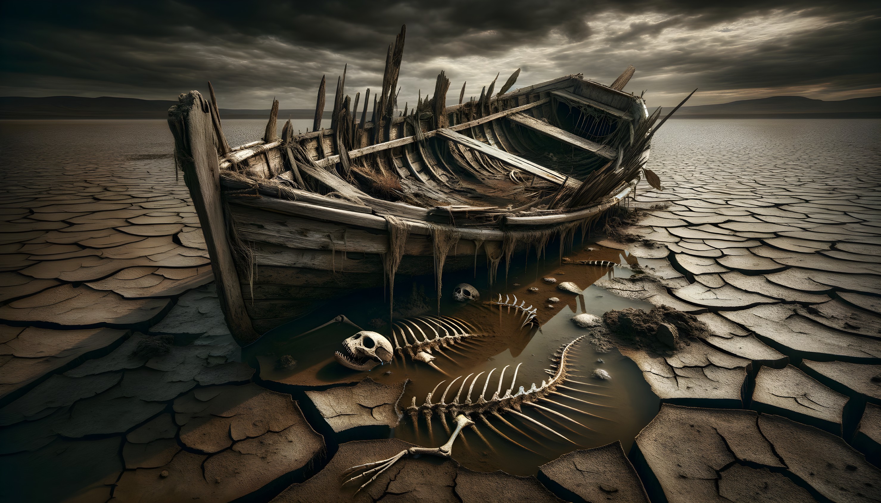 Desolate Landscape with Abandoned Boat and Skeletons