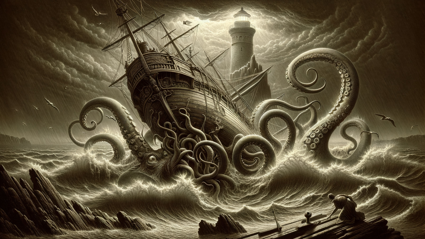 Old ship in stormy seas with octopus tentacles