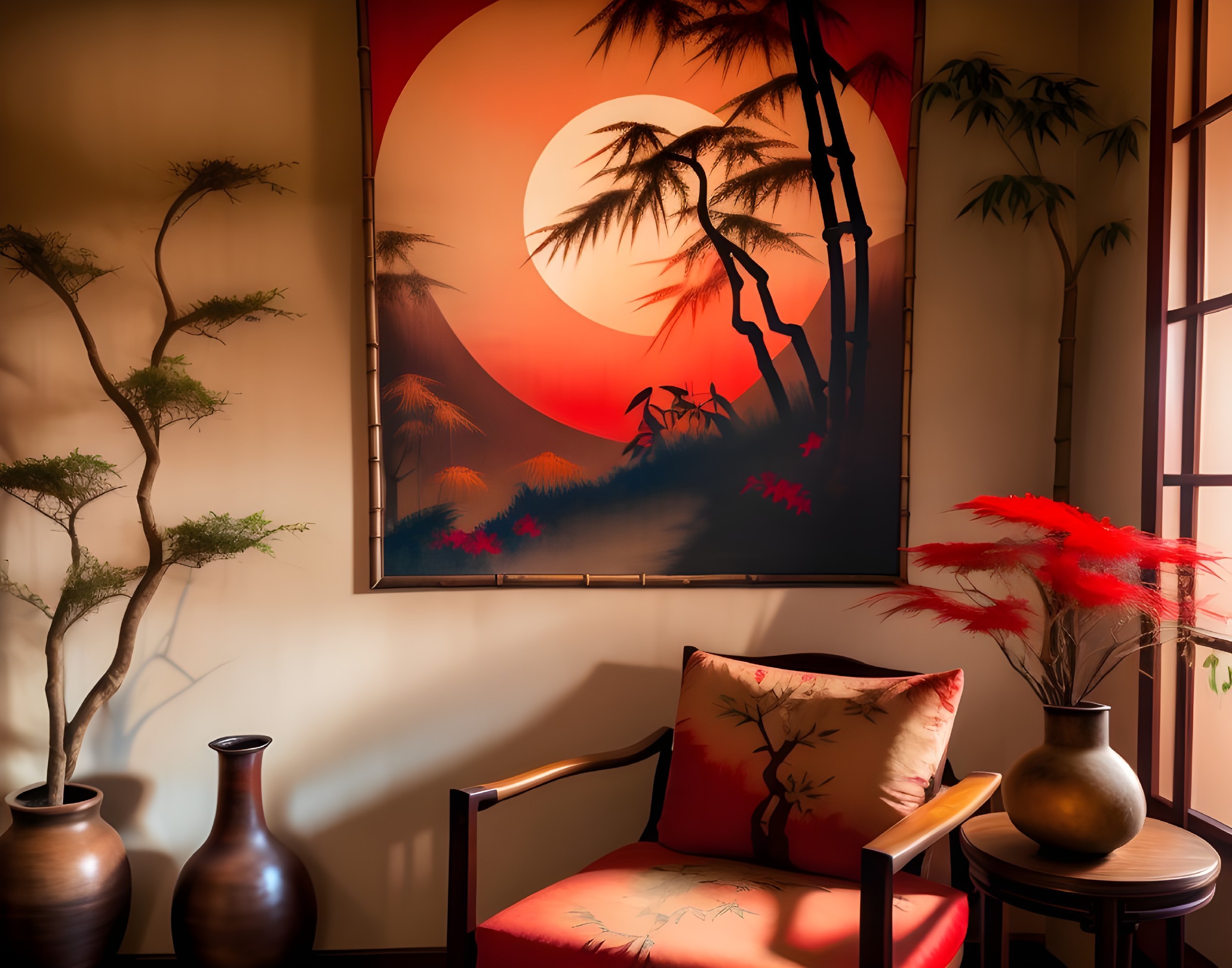 Interior Space with Sunset Artwork and Greenery