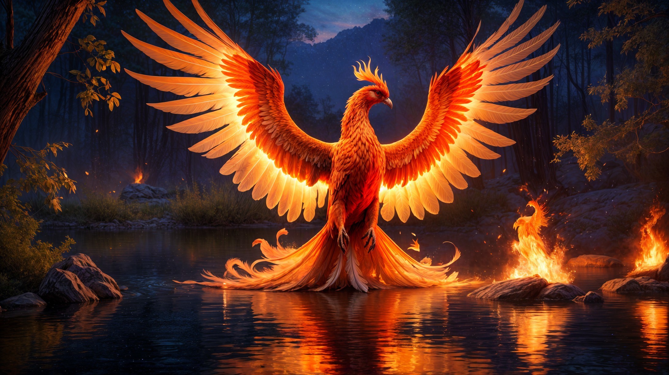 Phoenix Rising from Serene Lake at Twilight