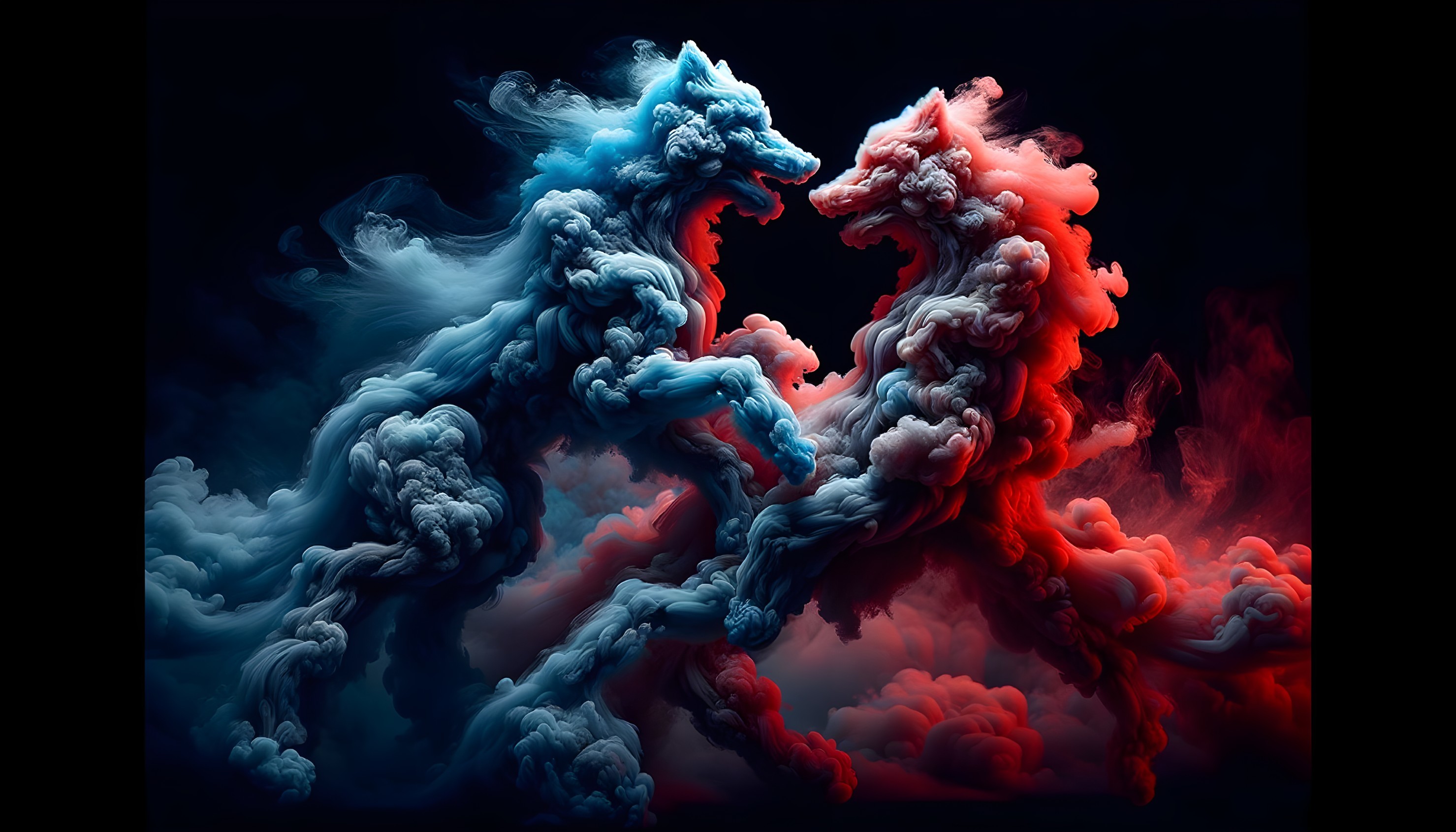 Wolf-like Figures in Blue and Red Smoke Confrontation
