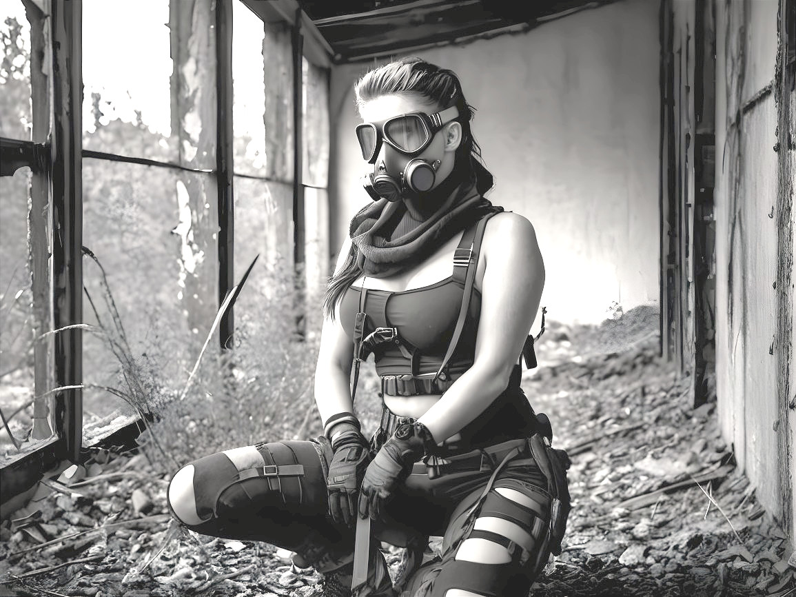 Woman in Tactical Gear in a Gritty Environment